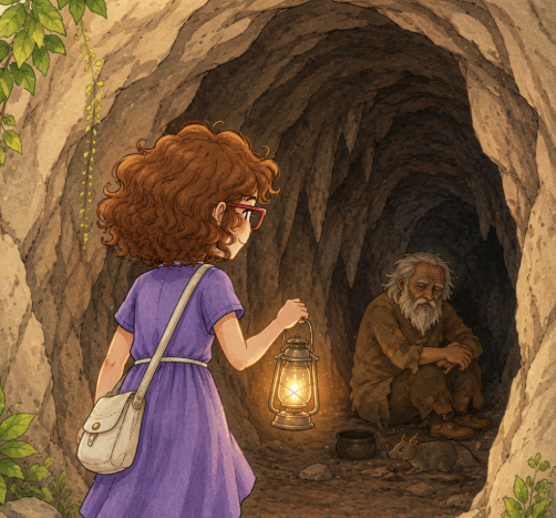 Liz com uma lanterna à entrada de uma caverna, frente a um idoso sentado na penumbra