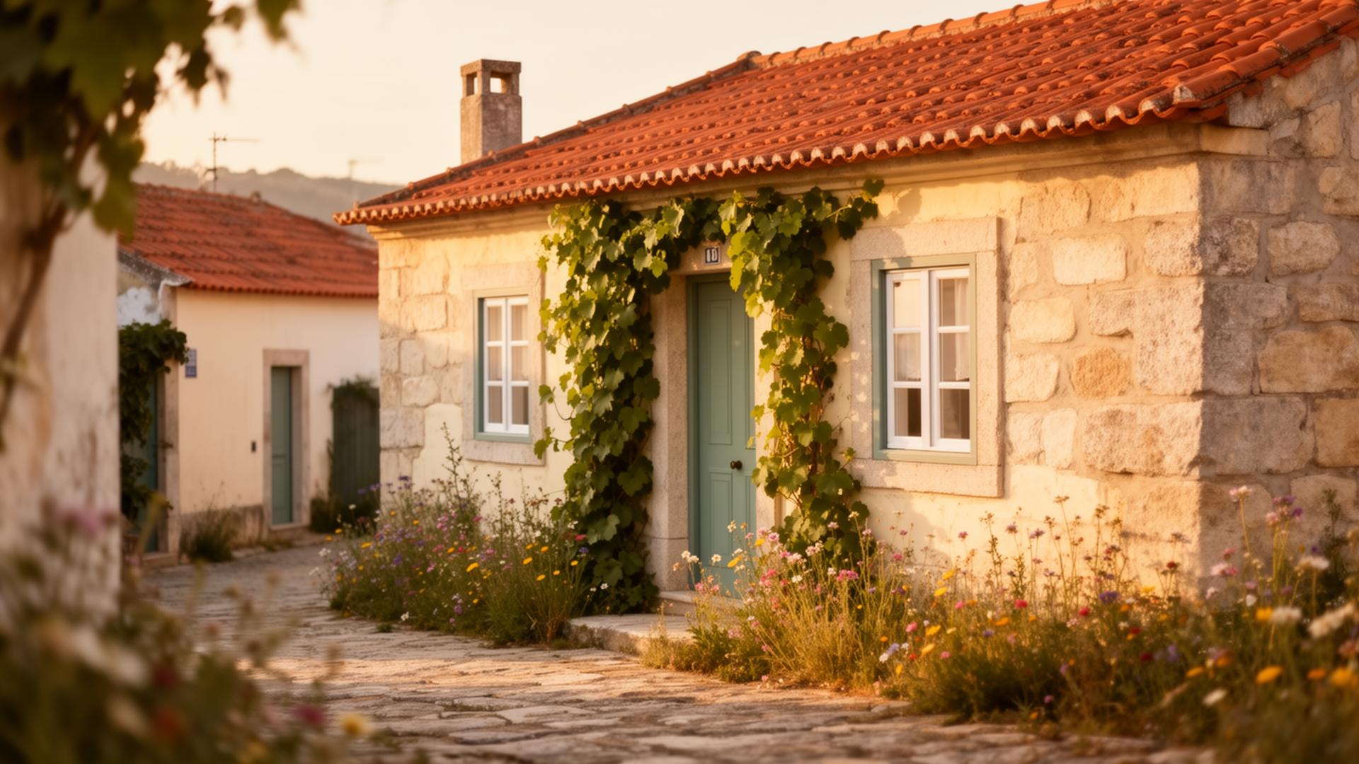 Casa de pedra tradicional portuguesa ao pôr-do-sol com flores silvestres